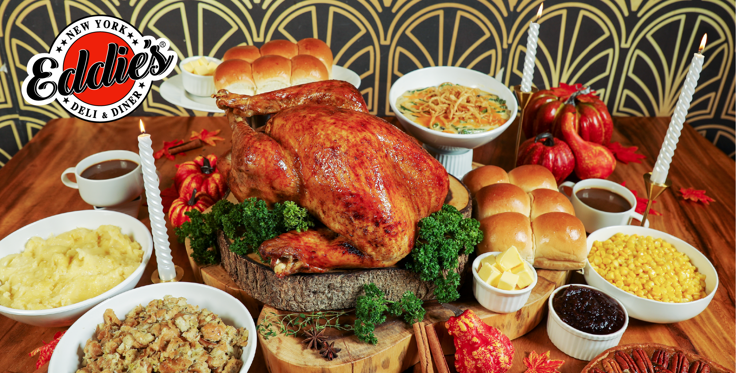Full table of thanksgiving feast for family with roasted turkey